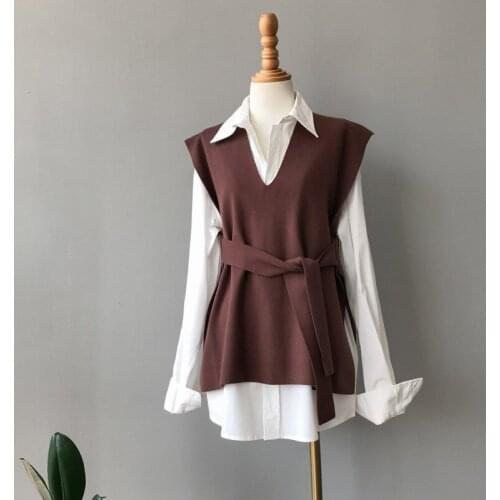Autumn Womens Knitted Vest Belted V-neck Pullover Sleeveless Sweater Waistcoat Outerwear 2020 Elegant Office Ladies Vests Top