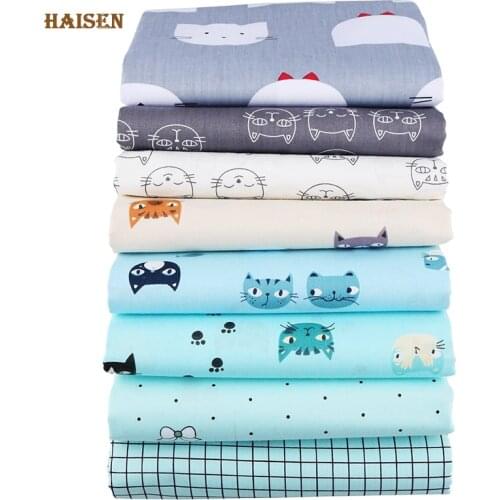 Haisen,Cat Printed Twill Cotton Fabric For DIY Quilting Sewing/Baby Bedding/Dress/Skirt Cloth Cartoon Tissue Material Half Meter