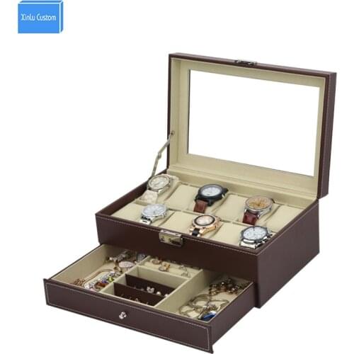 Special for collect brown storage leather watch box 12 jewelry sungalss case double layer with drawer women make up desk box