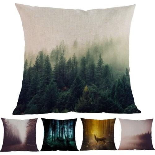 Mysterious Peaceful Dreamlike Forest Foggy Lake Tree Linen Throw Pillow Case Home Sofa Study Room Decorative Cushion Cover 45x45