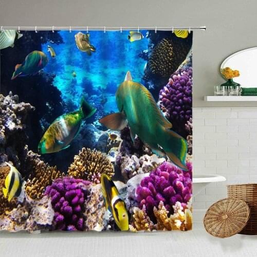 Tropical Ocean Animal World Shower Curtain Fish Coral Home Bathroom Wall Decor With Hook Waterproof Polyester Screen Washable