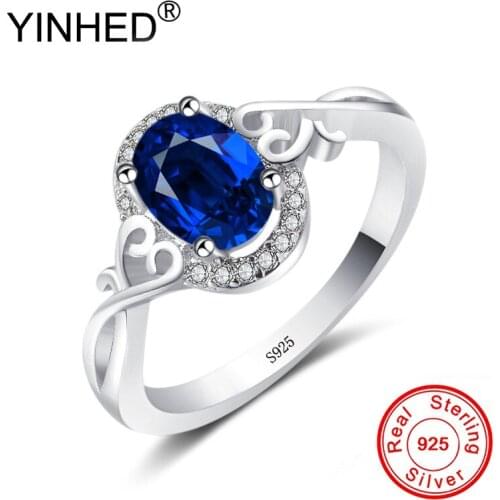 YINHED Elegant Egg Shape Sapphire Ring Solid 925 Sterling Silver Blue Cubic Zirconia Wedding Rings for Women Jewelry Gift ZR581