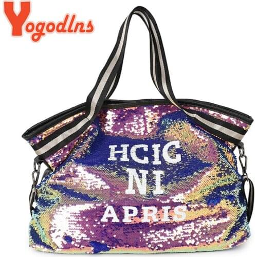 Yogodlns Fashion Sequins Shoulder Bag Femael Casual Lady Yoga Bag Gym Bag PU Leather Handle Bag Large Capacity Sports Handbag