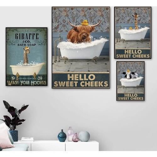 Funny Bathroom Cattle Animals Bubble Bath Poster Canvas Giraffe Art Print Vintage Hello Sweet Cheeks Lovely Painting Home Decor
