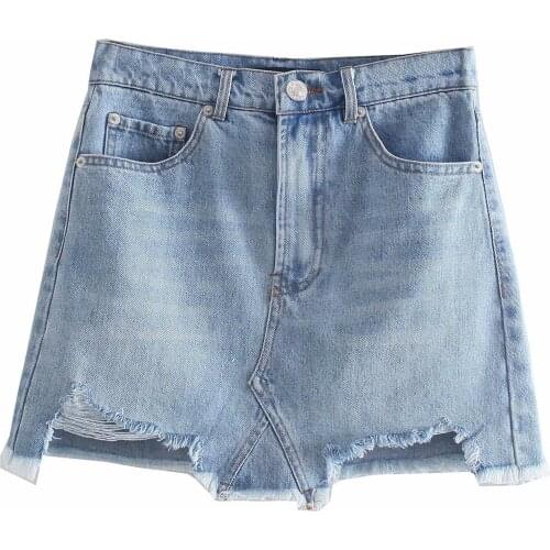 Women Light Blue Faldas Denim Short Skirt Summer Casual Distressed Hole Jean Skirts