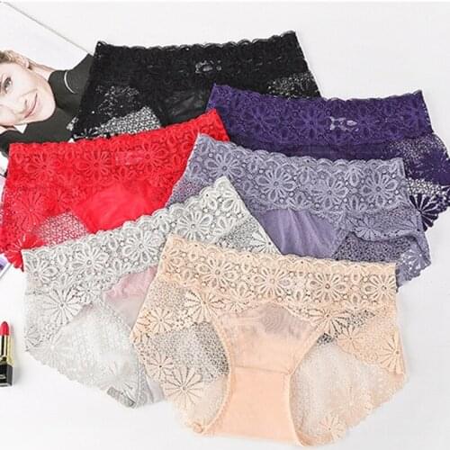 Q Embroidered Flower Woman Panties Mid-waist Leggings Sexy Lace Breathable 1Pcs Transparent Underpants