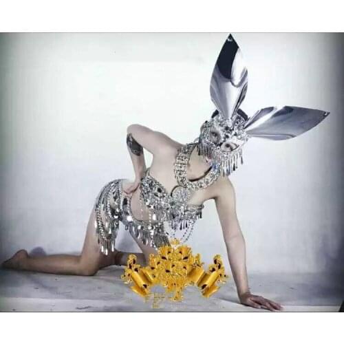 Women sexy girl party costumes Silver Bar mirror big ears rabbit mask stage dance wear