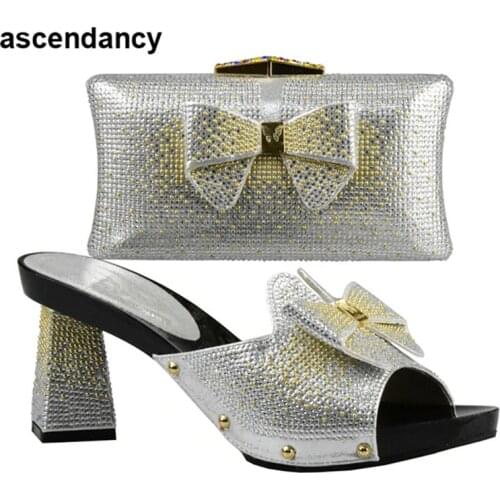 Sliver Color African Women Shoes and Bag Set Decorated with Rhinestone Italian Ladies Shoes and Bag Set Italy Shoes and Bag Sets