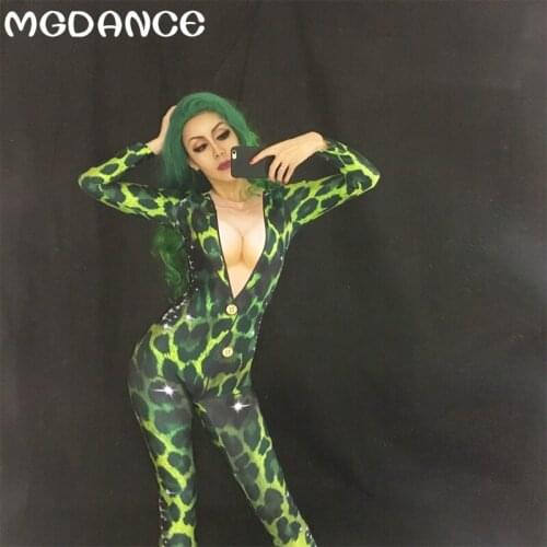 New Green Leopard Women Sexy Jumpsuit 3D Printing Nightclub Party Bodysuit Stage Wear Singer Dancer Costume