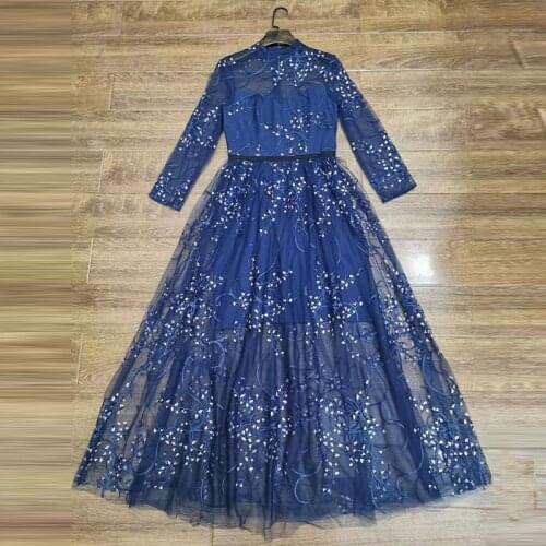 Fashion Women Runway 2021 High Quality Designer Luxury Flower Embroidery Mesh Long Party Holiday Maxi Dress