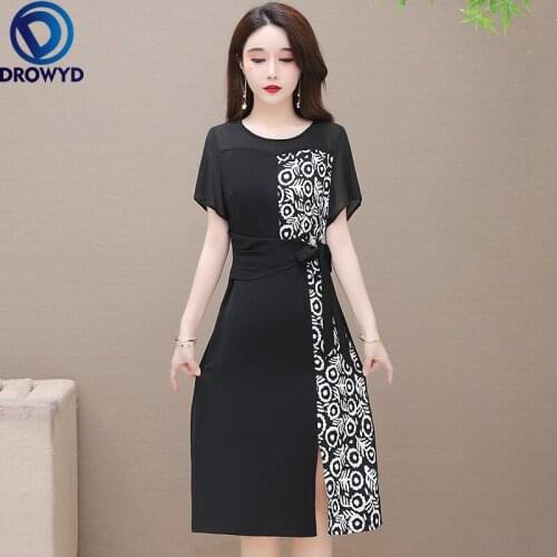 Summer Dress Large Size Belly-covering 2021 New Women Mid-length Belt Waist Was Thin Short-sleeved Black Printing Party Vestidos