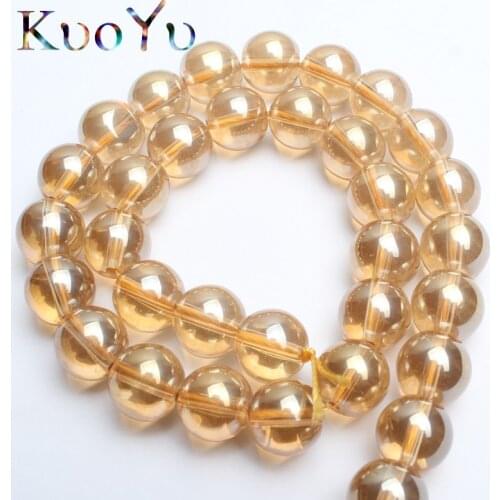 Gold Champagne Transparent Metallic Titanium Coated Natural Quartz Crystal Glass Smooth Round Beads 15"6 8 10 12mm DIY Bracelet