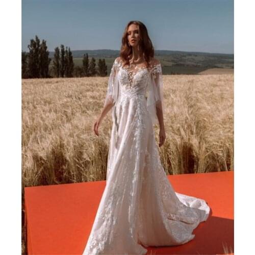 11194#Boat Neckline Flutter Sleeves Applique Bridal Dress Sweep Train Simple Lace Open Back Wedding Dress Bridal Gown