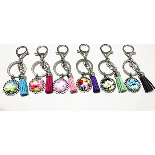 24pcs (12 designs) Chrysanthemums, daisies Lotus flower and iris flower Key chains Glass Key buckle Ancient silver Key Ring