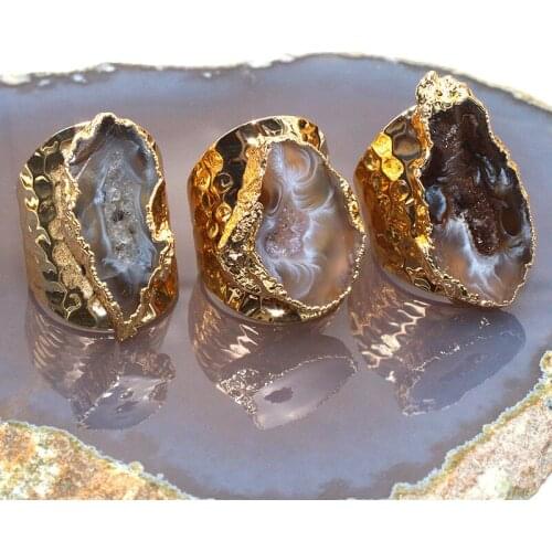6PCS Adjustable Size Natural Crystal Geode Rings Exaggerated Retro Rich Decoration Jewelry Rings High Quality For Wholesale