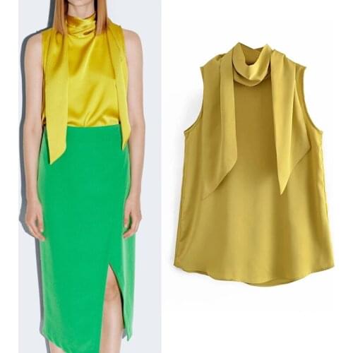 TRAF Women Blouse Za 2021 Yellow Satin Top Woman Sleeveless Top Women Fashion High Scarf Neck Loose Summer Elegant Blouses