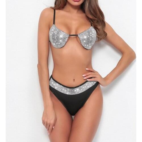 2021 Sexy Rhinestone Bandeau Bikini Tanga Set Crystal Bikinis Women Swimsuit Bathing Suit Push Up Swimwear Beach Dress Maillot