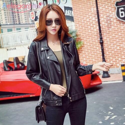 Aelegantmis Autumn Winter Loose PU Faux Leather Jacket Women Classic Black Biker Jacket Ladies Basic Coat Plus Size Outerwear