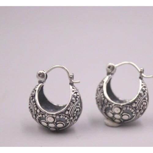 Genuine Real 925 Sterling Silver Flower-Pattern Hoop Earrings 0.67inch Length