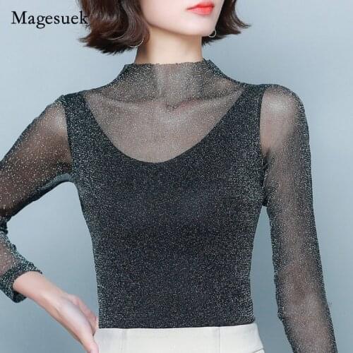New 2021 Autumn Long Sleeve T-shirt Loose Turtleneck Mesh Bright Silk Tops Elegant Office Lady Slim Pullover Blouse Blusas 16719