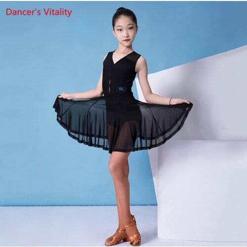 Latin Dance Clothes Girls Fashion Elegant V-neck Dress Competition Performance Clothing Female Child New Stage Practice Skirt