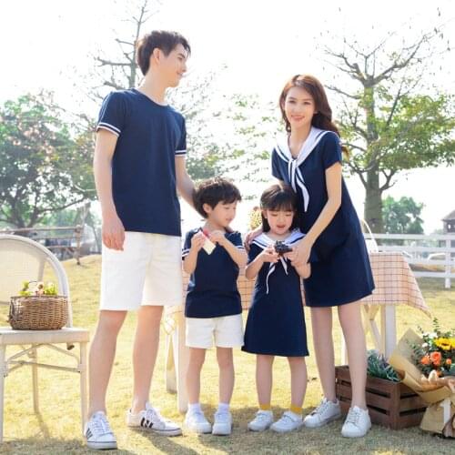 Family Matching Clothes Summer Mom And Daughter Sailor Collar Dress Dad Son Blue Cotton Casual T Shirts Shorts Sets Girl 1-10T