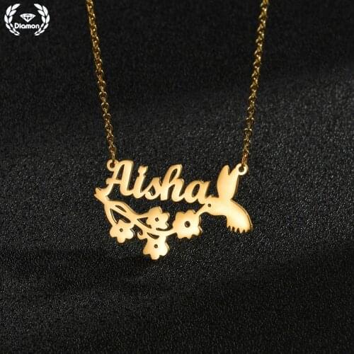 Diamon New Trendy Personalized Name Women Necklace Flower Bird Pendant Chain Custom Nameplate Choker Stainless Steel Jewelry