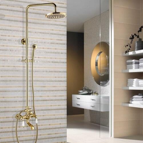 Shower Faucets Gold Brass Bathroom Shower Mixer Tap Faucet Set Rain Shower Head Round Wall Mounted Bathtub Faucet agf364