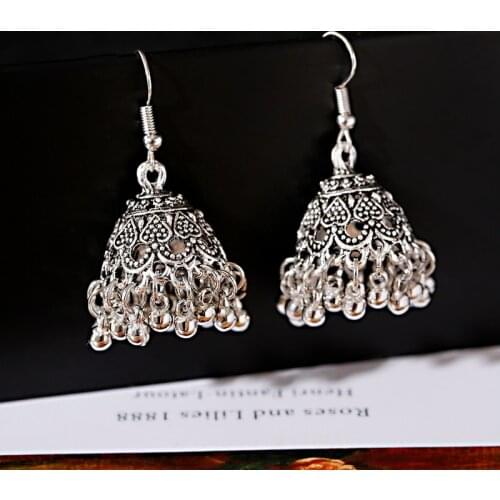 TopHanqi Sliver Color Antique Ethnic India Jhumka Jhumki Womens Earrings Bohemian Water Drop Earrings For Women Gypsy Jewelry
