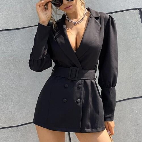 Women Blazer Coat 2021 Fashion New Spring Autumn Double Breasted Belted Jacket Female Deep V Neck Slim Office Clothes