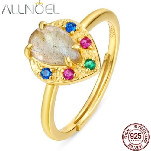 ALLNOEL 925 Sterling Silver Ring For Women Natural Labradorite Corundum Nano Emerald Adjustable Rings Wedding Fine Fewelry New