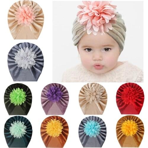 Golden Velvet Baby Hat Big Flower Baby Girl Beanie Cap Soft Kids Children Infant Spring Autumn Hats Bonnet
