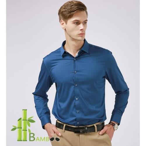 5XL Breathable Bamboo Fiber Long Sleeve Shirt Men Regular Fit Soft Mens Dress Shirts Collar Stretch Solid Formal Clothes White