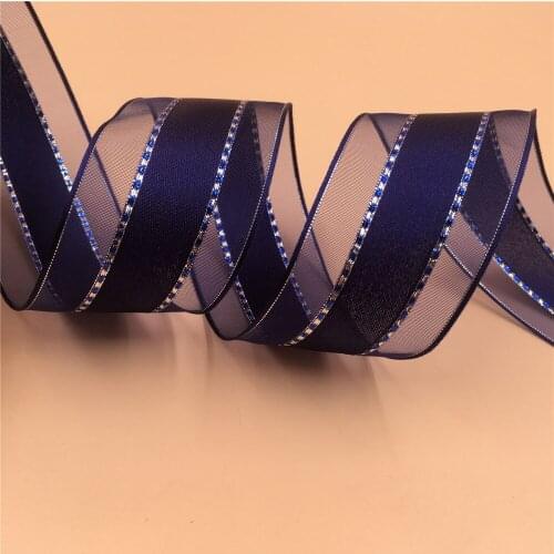 N2018 38mm X 25yards Jacquard Metallic Stitches Blue Purple Wired Organza Edge Satin Ribbon