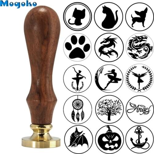 Mogoko Wooden Handle Wax Seal Stamps Letter Card Decor Cat/Dog/Halloween Bat/Tree/Dragon/Dancer/Angel Pattern Sealing Wax Stamp