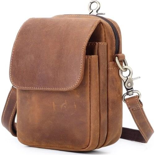 Hot-selling mens leather belt bag Crazy horse leather mobile phone diagonal bag Retro outdoor three-layer belt bag