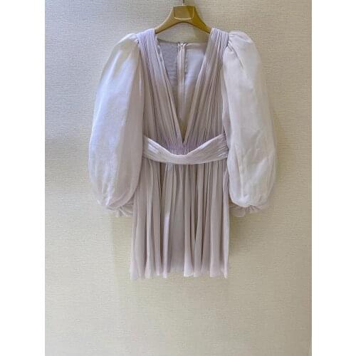 Fashion 2021 new women long-sleeved V-neck silk dress 0316