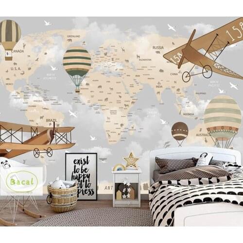 Bacal World Map Airplane Fire Balloon 3d Cartoon Wallpaper Mural for Baby Child Room 3d Wall Mural Wall Deco 5D Cartoon Sticker