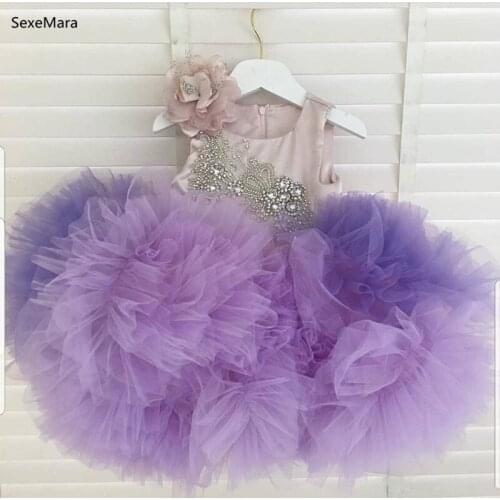 New Purple Baby Girls Clothes Crystals Beads Top Puffy Organza Knee Length Children Kids Clothes Size 12M 24M Custom Made