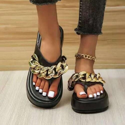 European and American new large-size thick-soled metal chain flip-flops woman