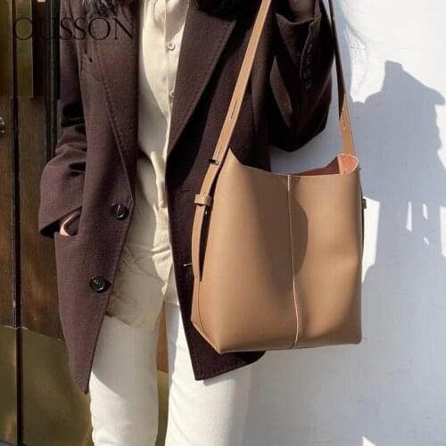 OUSSON 2021 Women Fashion Travel Work Large Capacity One-Shoulder Bag Ladies Soft Leather Big Tote Bucket Bag