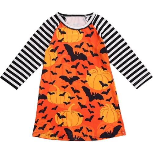 Toddler Baby Girls Halloween Dress, Long Sleeve Pumpkin Bat Print Raglan Dress Fall Clothes 0-5Years