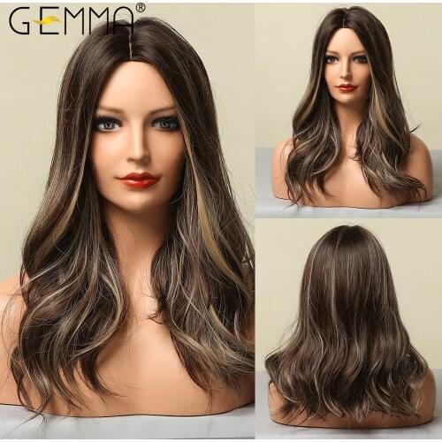 GEMMA Medium Wavy Dark Brown Blonde Golden Highlight Synthetic Wig for Women Natural Middle Part Cosplay Heat Resistant Hair Wig