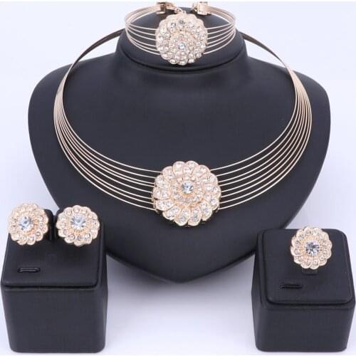 Bridal Jewelry Rhinestones Flower Crystal Jewelry Set For Women Gold Color Necklace Earrings Bracelet Ring Set Decoration Gift