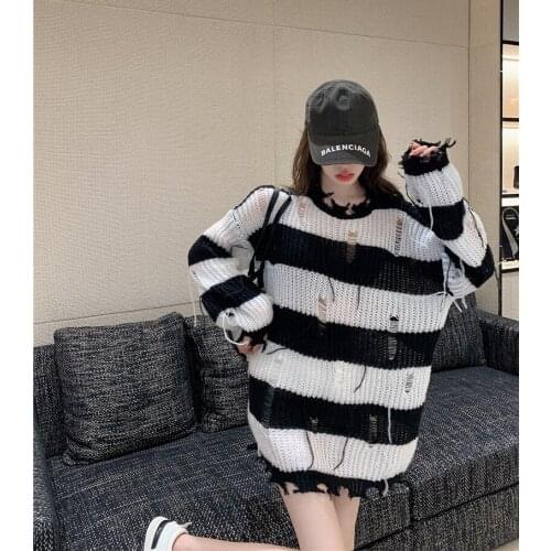 Primaxis Striped sweater womens autumn irregular design sense niche loose mid-length lazy style sweater