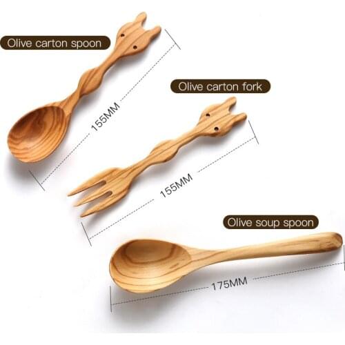 YUSOTAN baby spoon fork set natural olive wood healthy and eco-friendly cartoon style baby tableware wooden spoon for children