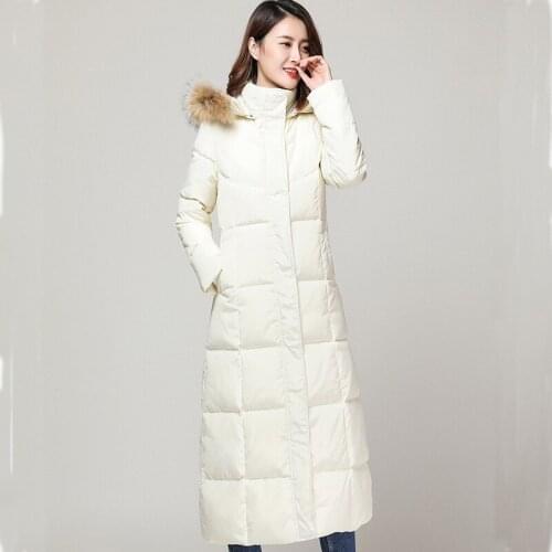 Down Winter White Jacket Women Hooded Large Fur Collar Super Long Coat 2020 Warm Parka Woman Casacas Para Mujer KJ534