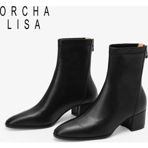 ORCHALISA 2021 Autumn Winter Ladies Pumps Cow Leather Scrub Soft Ankle Boots Round Toe Square Heel Zip Women Shoes Size 40 S2380