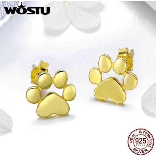 WOSTU New Arrival 925 Sterling Silver Gold Dog Footprints Girly Stud Earrings For Women 2020 Earrings Fashion Jewelry BKE407