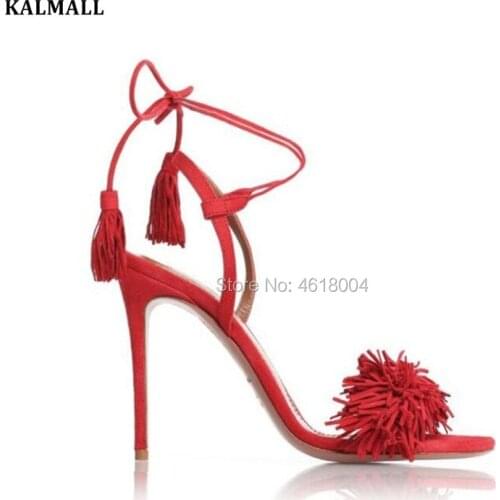 KALMALL Party Heels Women Sexy Fringe Tassel Sandals Gladiator Lace Up High Heels Red Blue Green Yellow Sandals Wedding Shoes